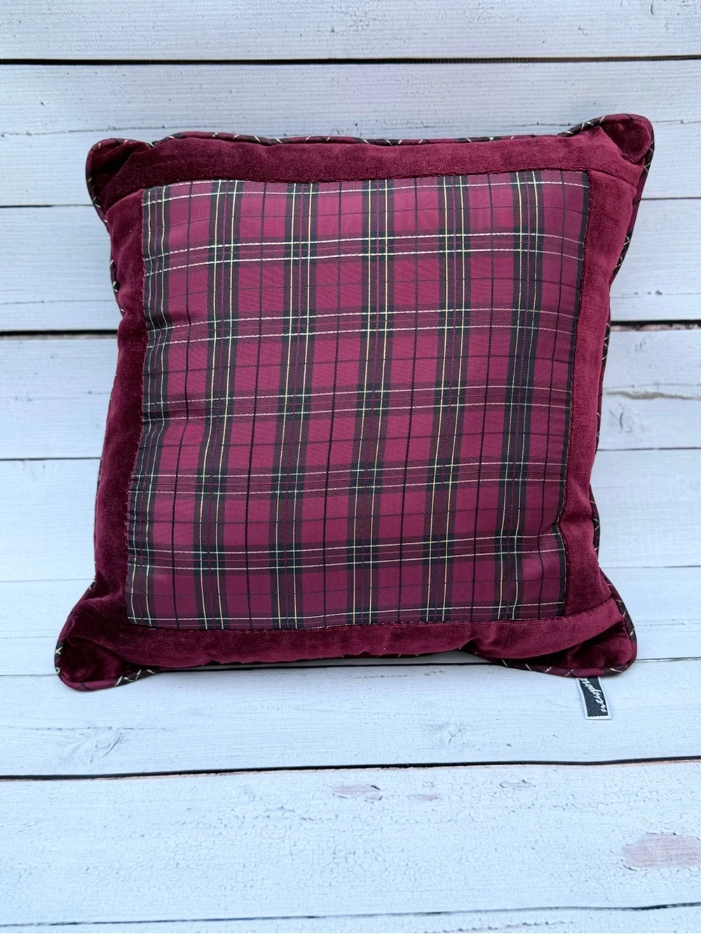 Newport Burgundy Plaid Velvet Trim Decorative Throw Pillow |